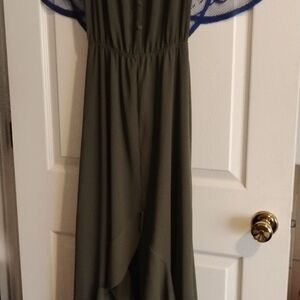 Deep olive green, off shoulder dress.